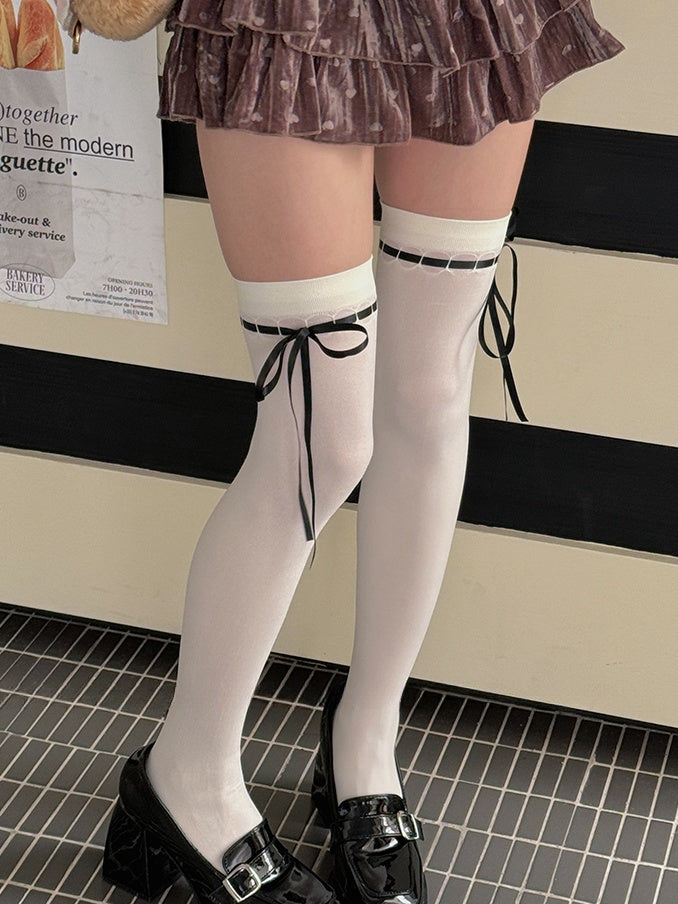 Milk White Bowknot Overknee Stockings With White/Pink/Black Ribbons