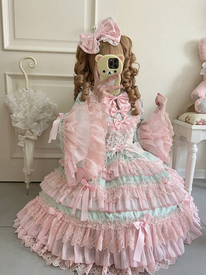 Green and Pink Tiered Ruffle Skirt Bows Decorated Long Bell Sleeves Lolita Dress