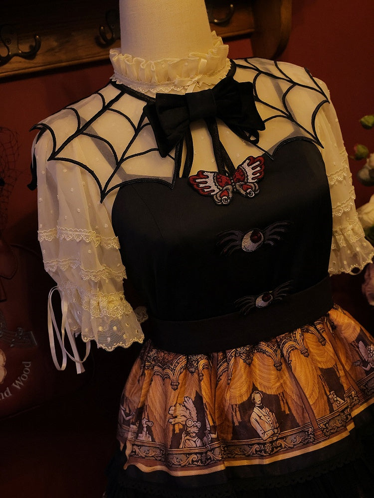 White and Black Spider Web Embroidery Organza Fake Collar with Detachable Butterfly and Moth Brooch