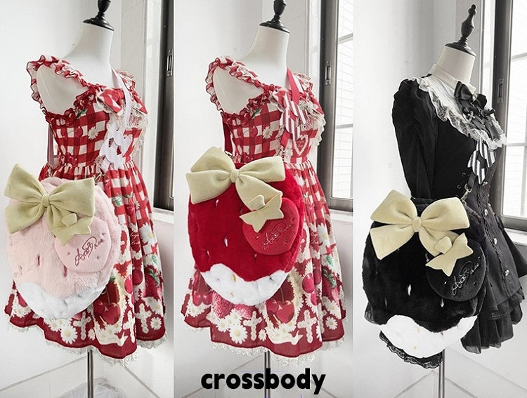 Red / Pink / Black Plush Strawberry Backpack, Convertible Crossbody Bag with Adjustable Strap