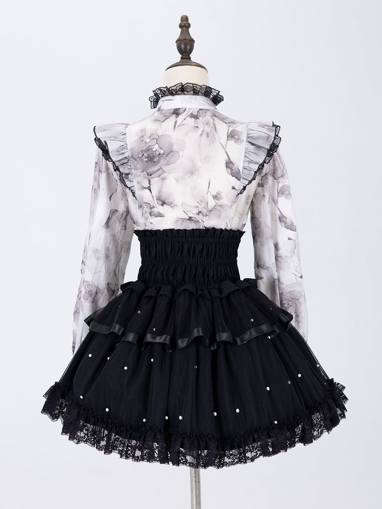 Elegant Gray Floral Jirai Kei Blouse