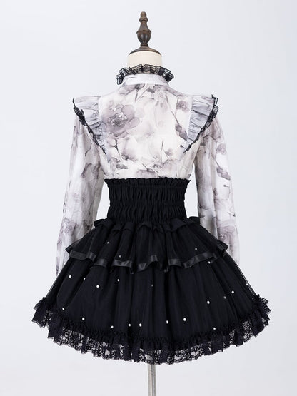 Elegant Gray Floral Jirai Kei Blouse