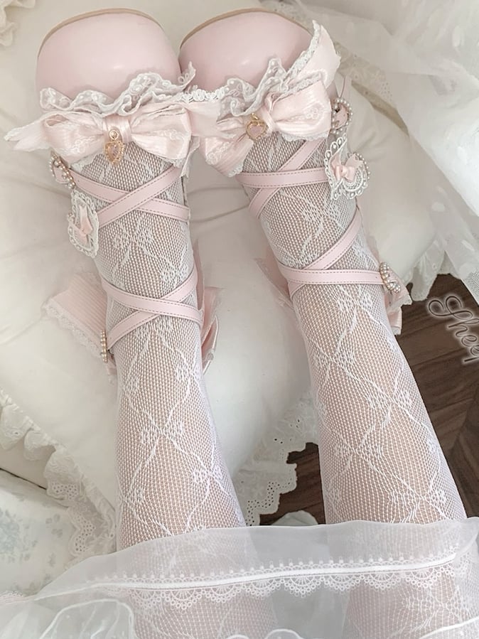 Pink Sweet Lolita Bowknot Details Crisscross Design Heart Buckle Straps 2CM/5CM Block Heels Shoes