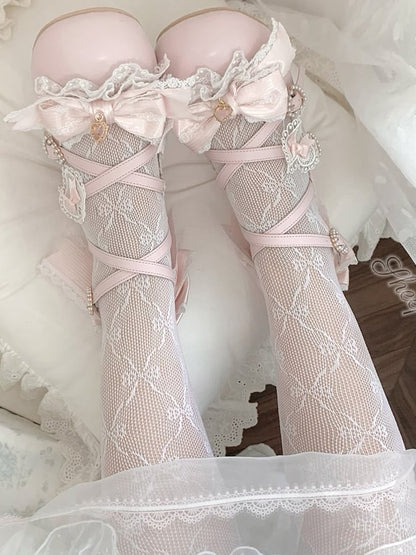 Pink Sweet Lolita Bowknot Details Crisscross Design Heart Buckle Straps 2CM/5CM Block Heels Shoes