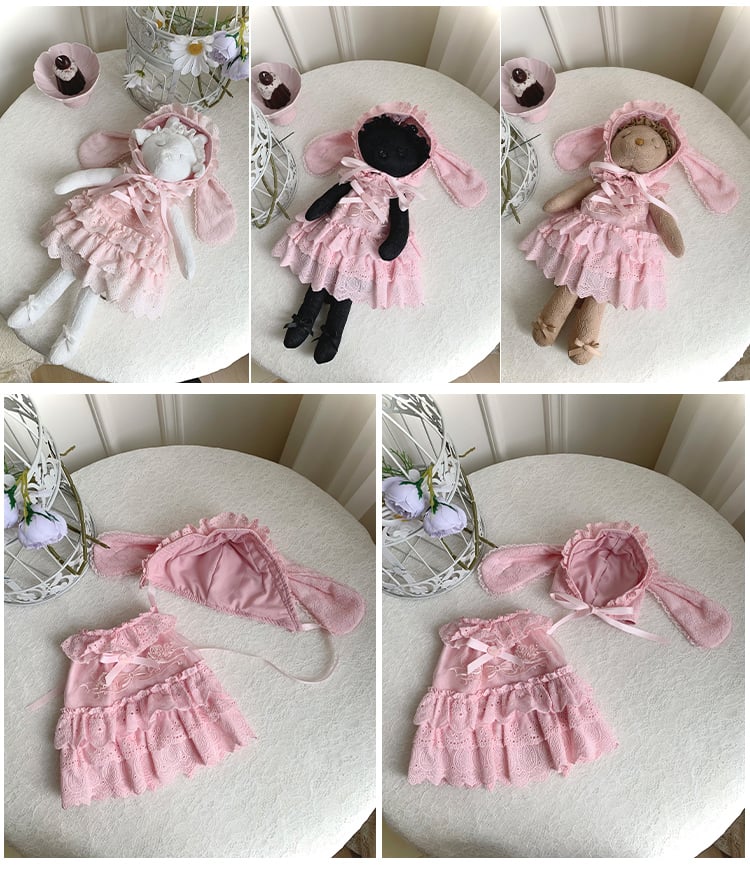 Pink Rosette and Bowknot Embroidery Dress + Bunny Ears Hat