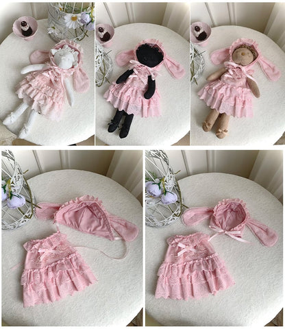 Pink Rosette and Bowknot Embroidery Dress + Bunny Ears Hat