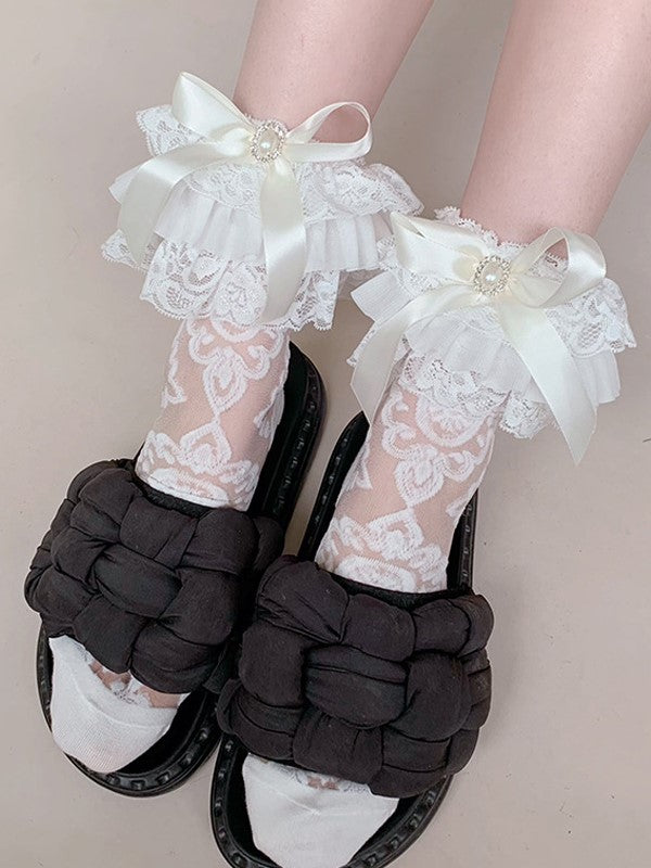 White/Black Bowknot Details Ruffled Cuff Semi-sheer Calf Socks