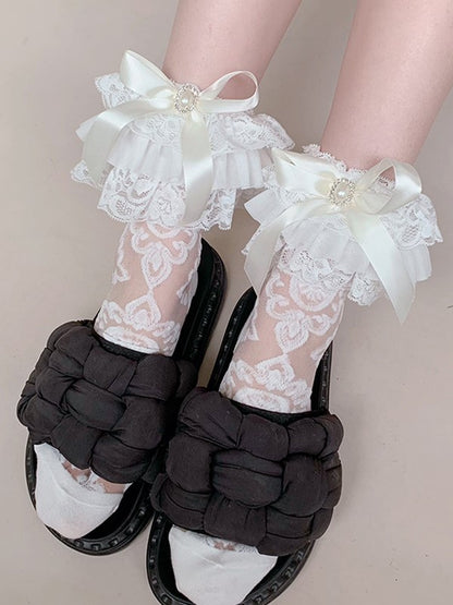 White/Black Bowknot Details Ruffled Cuff Semi-sheer Calf Socks