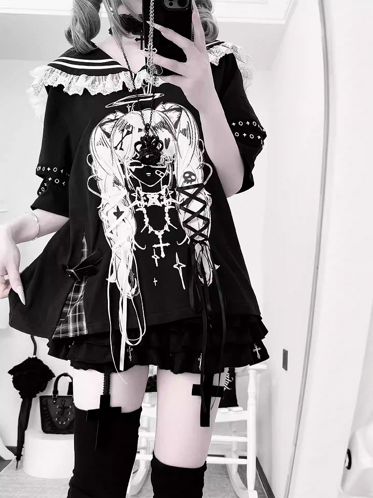 Anime Girl Print Sailor Collar Lace-up Details Black Bittersweet T-shirt