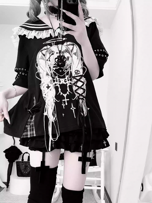 Anime Girl Print Sailor Collar Lace-up Details Black Bittersweet T-shirt