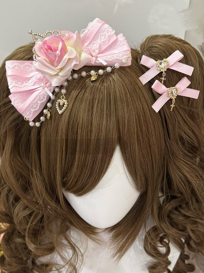 Pink Beaded Charm Floral Design Bowknot Hairclip + Rhinestone Heart Decorated Cross Charm Bowknot Hairclips