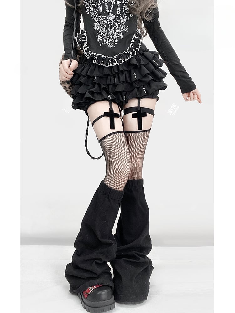 Gothic Black Y2K High Waist Cross Thigh length Glamorous Lined Tiered Skort