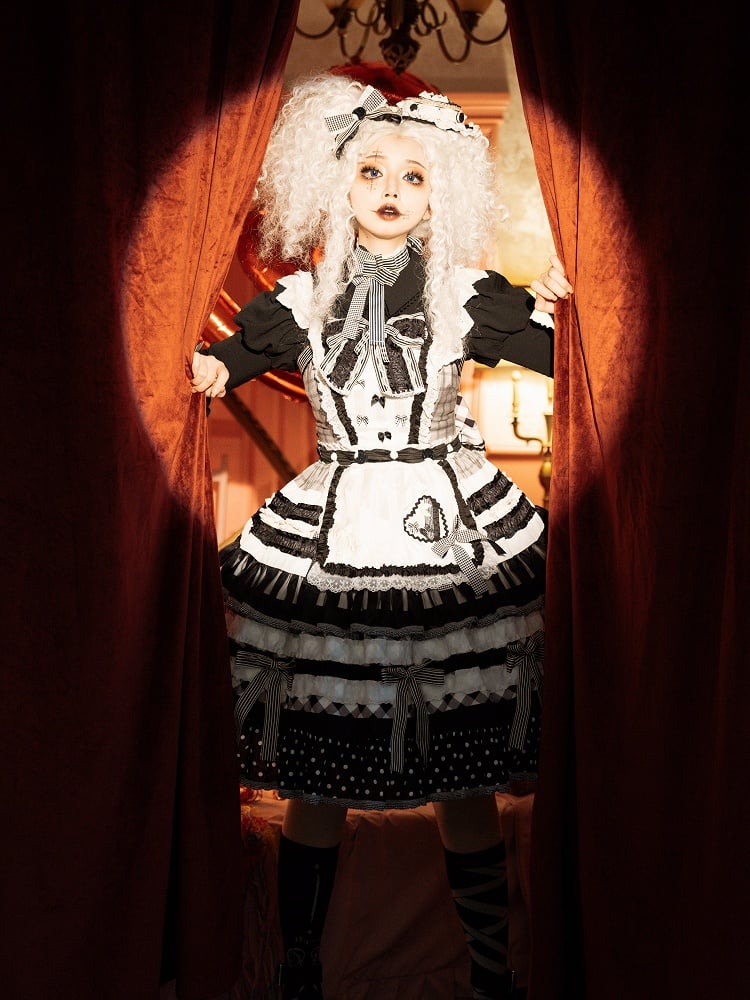 Black and White Oreo Cake Bow Accents Tiered Skirt Sweet Lolita JSK Full Set