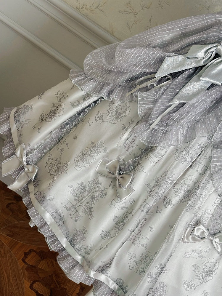 Silver Gray Corset Waist Drawstring Overlay Skirt Lolita Jumper Skirt