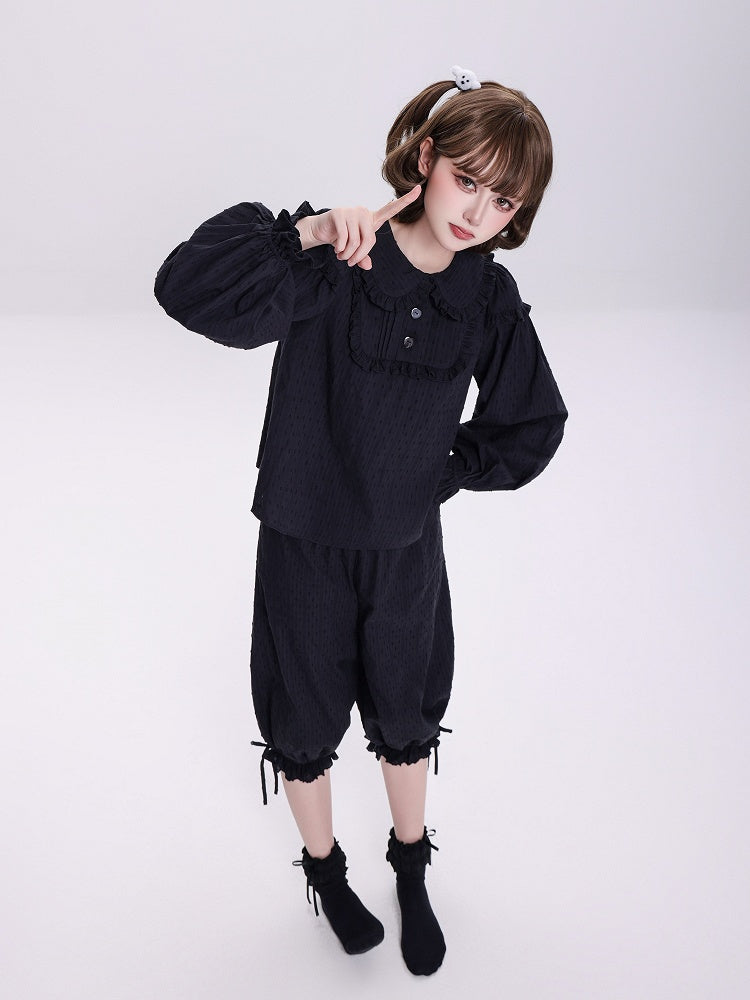 Plus Sizes Available Black Elastic Waist and Scalloped Eyelet Trim Cuffs Lolita Bloomer Pants