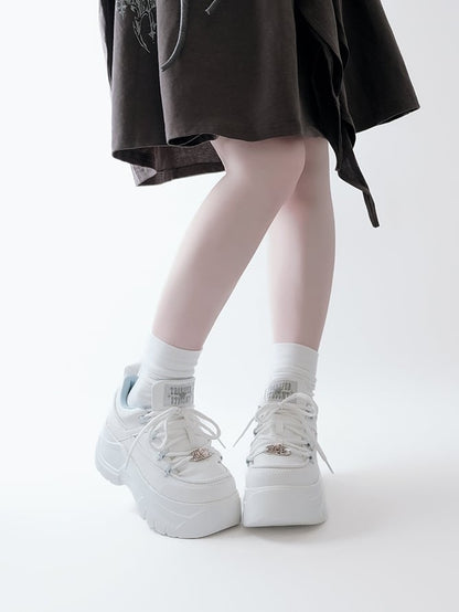 PU Leather with Classic Lacing System Matte White Platform Sneakers in Jirai Kei