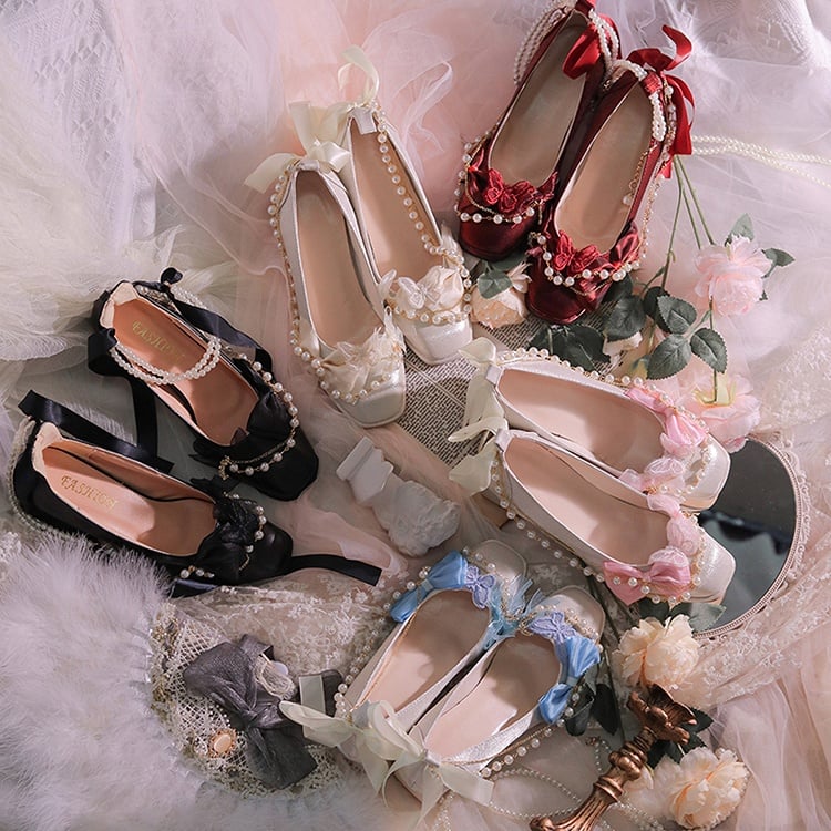 Beige & Pink Bowknot and Butterfly Applique Square Toe Hime Lolita Block Heels