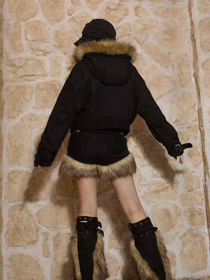 Black Y2K Punk Studded Shorts with Faux Fur Trim & Button-Accented Slant Pockets