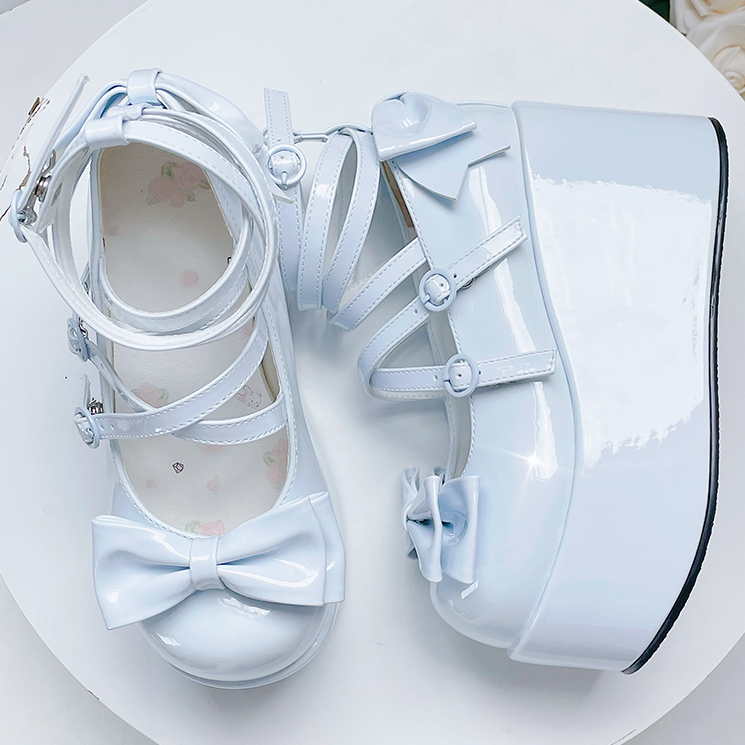 Light Blue Bowknot Buckle Straps Round Toe Platform Lolita Shoes