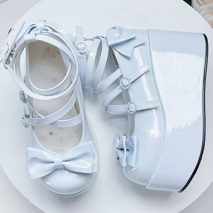 Light Blue Bowknot Buckle Straps Round Toe Platform Lolita Shoes