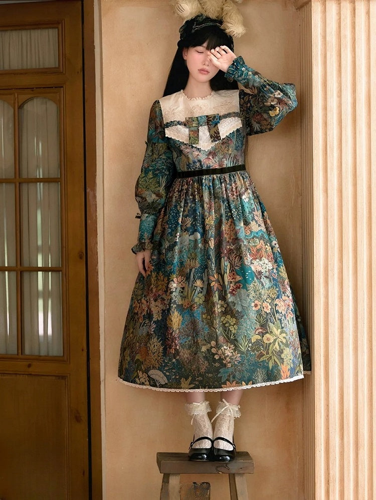 Green & Blue Floral Print Long-Sleeve Elegant Classic Lolita Dress with Waist Belt