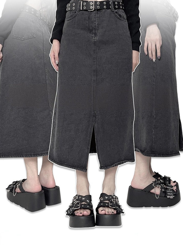 Star-shaped Buckles and Studs Black Denim Punk Platform Slippers