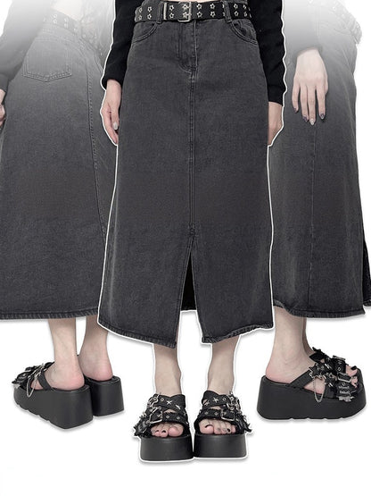 Star-shaped Buckles and Studs Black Denim Punk Platform Slippers
