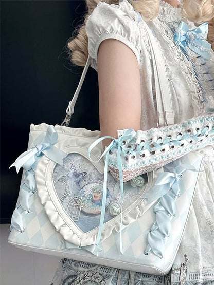 Blue Diamond Pattern Lace-up Design Ruffles Trim Heart PU Tota Ita Bag