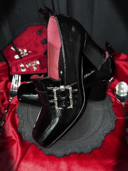 Gothic Polished Black Square Toe High Block Heel Shoes