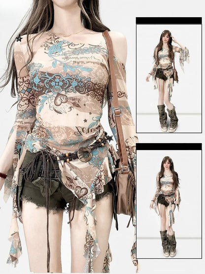 Khaki Asymmetrical Neckline Print Design Cascading Ruffle Accents Long Sleeves Top