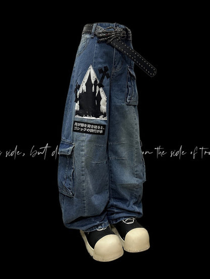 Blue Y2K Letter Applique Cargo Pockets Decorated Wide-leg Cut Jeans