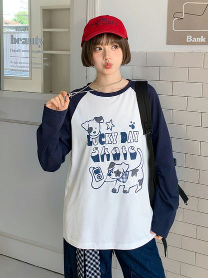 White/Blue Colorblock Design Adorable Puppy Print Loose Top