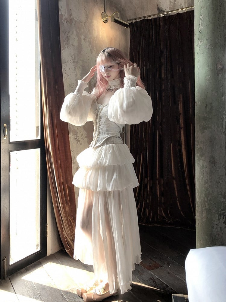 Apricot Ankle-Length Tiered Bubble Skirt with Ruffled Hem