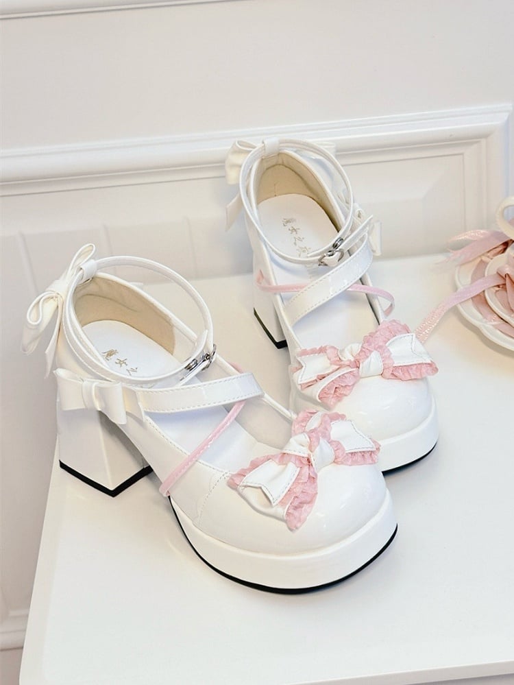 White and Pink Bow Accents Sweet High Block Heel Mary Janes Ankle Strap