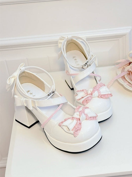 White and Pink Bow Accents Sweet High Block Heel Mary Janes Ankle Strap