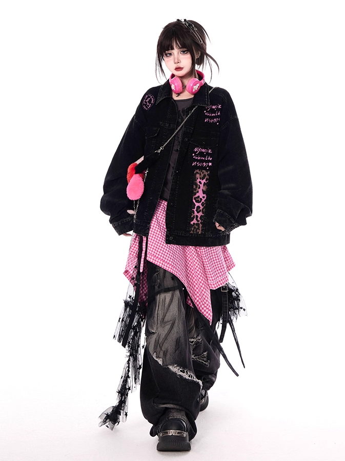 Pink Leopard Pattern Black Shirt Collar Faded Wash Vintage Denim Jacket