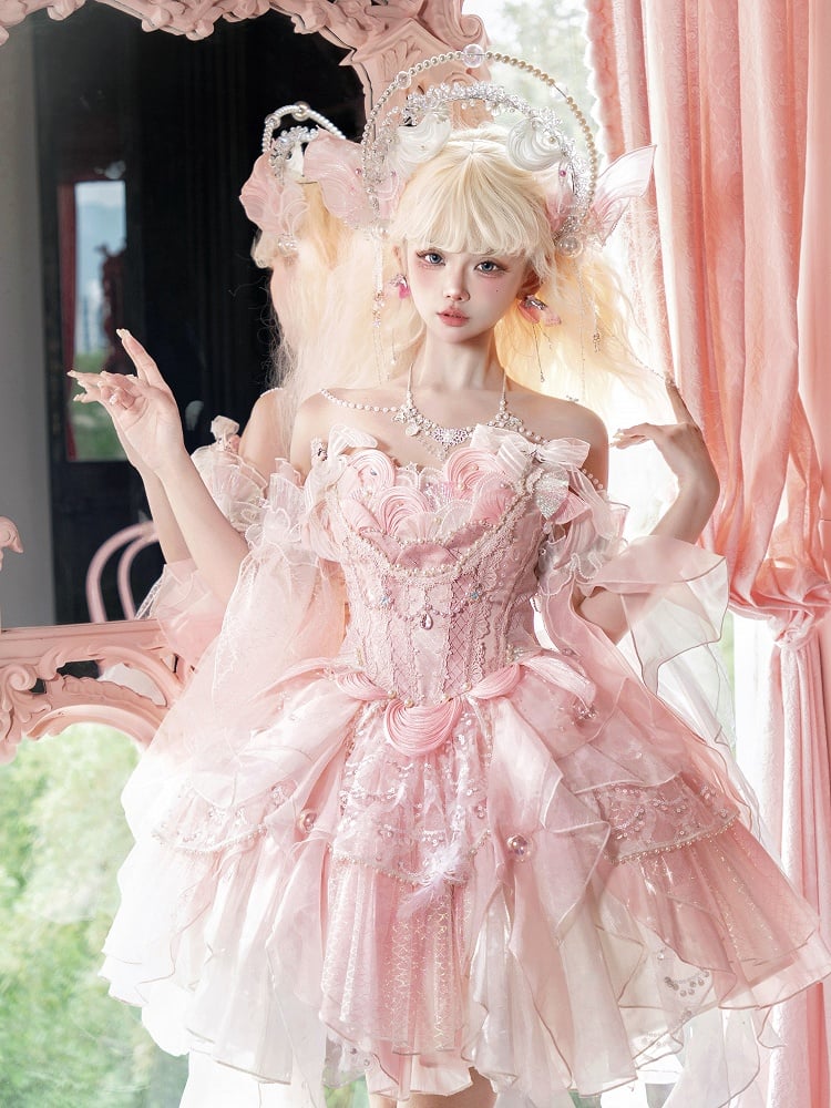 Light Pink Bead and Sequins Details Cascading Ruffle Accents Princess Lolita JSK Full Set
