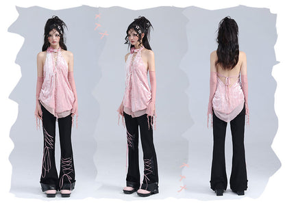 Black Lace-up Detail Flared Pants