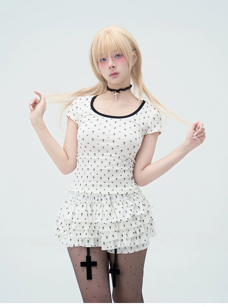 Pastel Gothic Black & White Allover Cross and Cat Paw Print Cat Ears Detail at Back T-Shirt