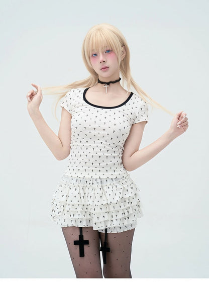 Pastel Gothic Black & White Allover Cross and Cat Paw Print Cat Ears Detail at Back T-Shirt