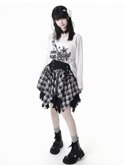 Frayed Handkerchief Hem Blue & White /Black & White Plaid Skirt