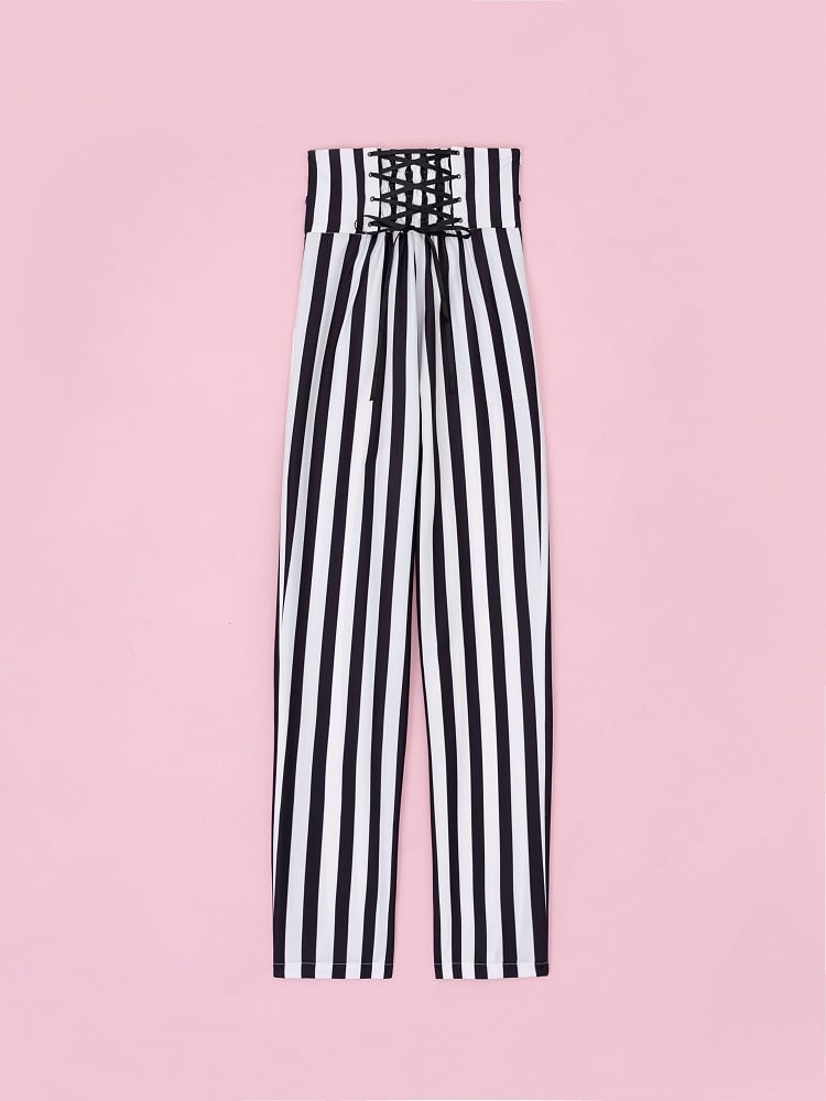 Ouji Fashion Clown Vibes Corset Belt High Waist Black and White Striped Pants