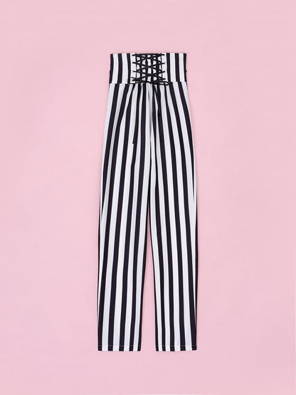 Ouji Fashion Clown Vibes Corset Belt High Waist Black and White Striped Pants