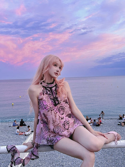 Gyaru Fashion Pink Leopard and Rose Print Cascading Ruffle Self-tie Halter Top