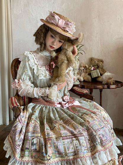 Green Ruffle Neckline Sweet Lolita Dress with Fairytale Town Print and Lace Trim