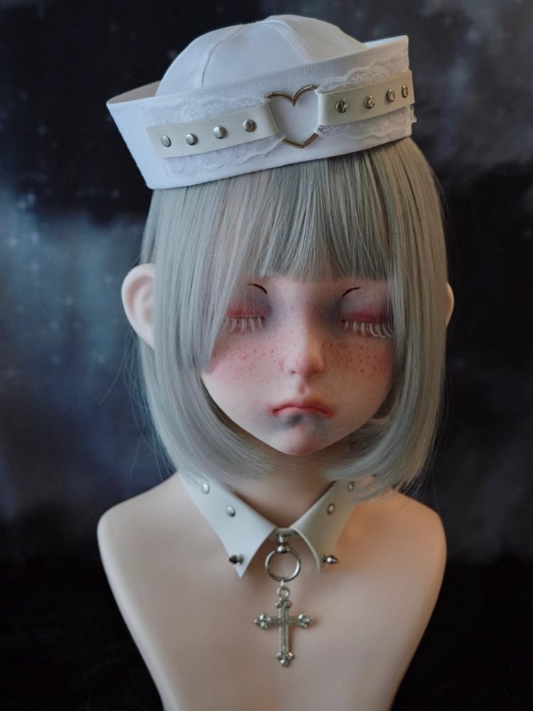 White Studded PU Heart-shaped Ring Lace Sailor Hat