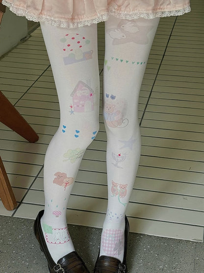 White Heart Bear Bunny Print Cartoon Tights