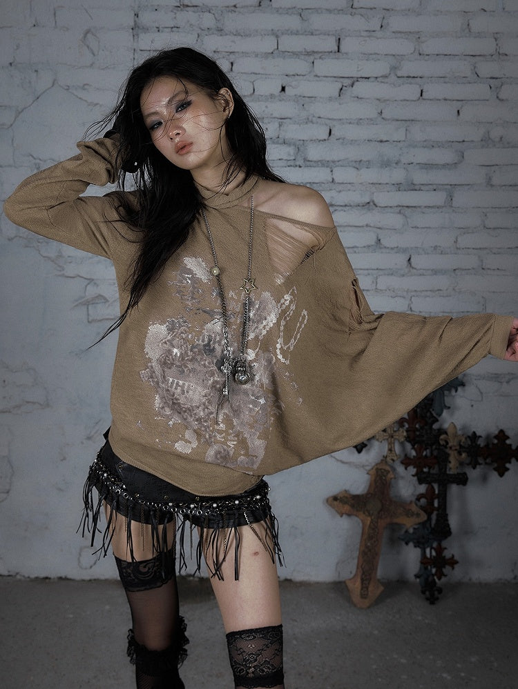 Beige/Khaki Wasteland Punk Distressed Holes Asymmetrical Neckline Sun Protection Top