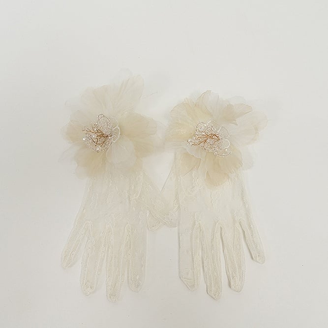 Beige Floral Decoration Lace Gloves