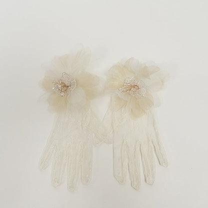 Beige Floral Decoration Lace Gloves